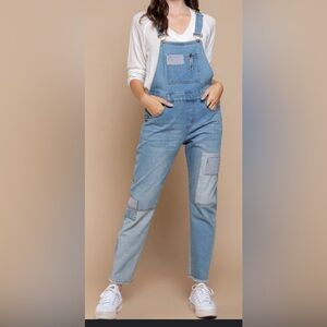 POL Large Denim Patchwork Overalls
